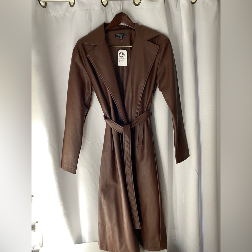 Chocolate Brown Long Faux Leather Coat